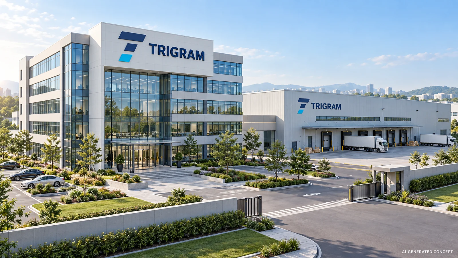 AI-generated TRIGRAM brand concept showing a modern office building and factory with navy and cyan brand signage; not actual company facilities.