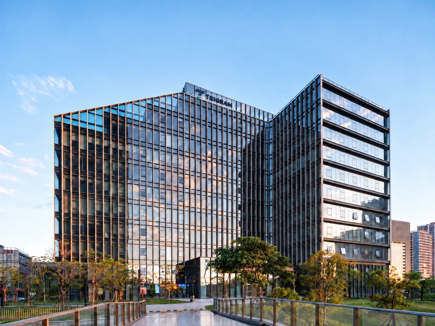 Office-building brand concept with digitally added TRIGRAM signage