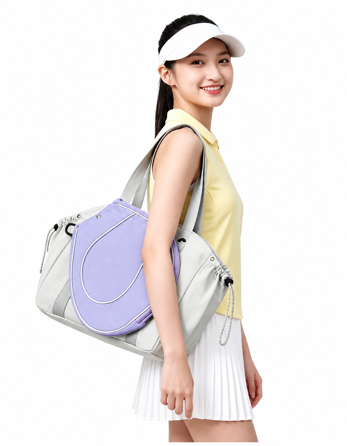 Model wearing the Grey / Lavender TR-008 tennis tote over her shoulder