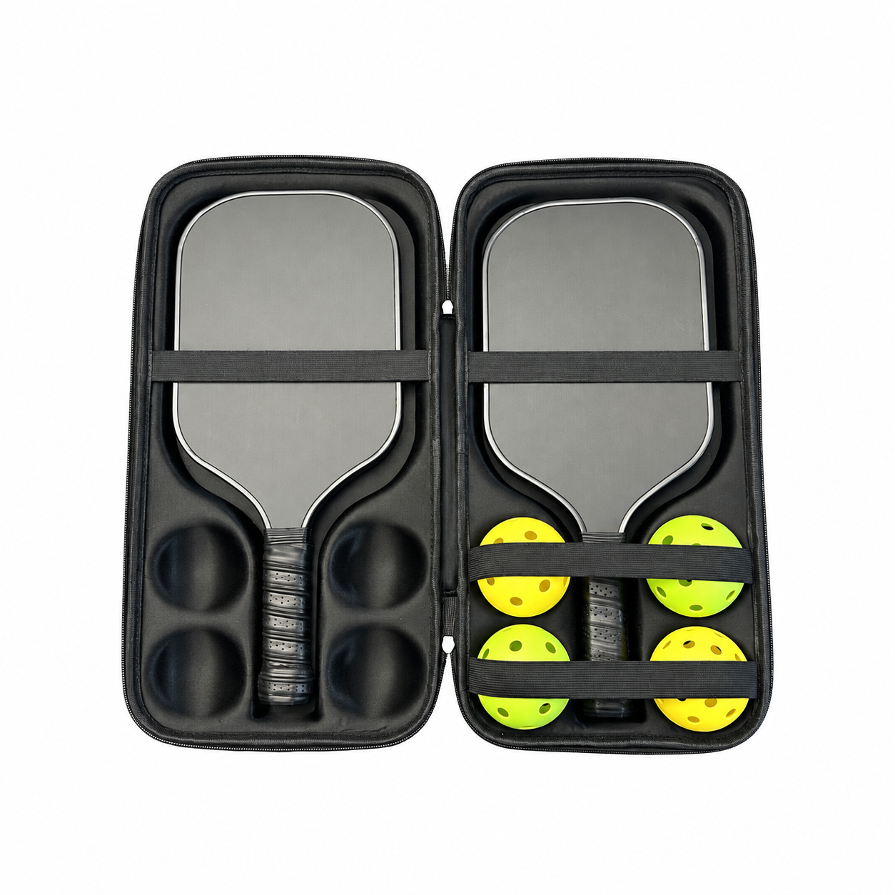 Open sample case — paddles and balls are for illustration only