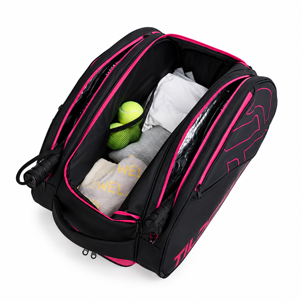 Open standard rose-red sample showing the main compartment and internal mesh pocket