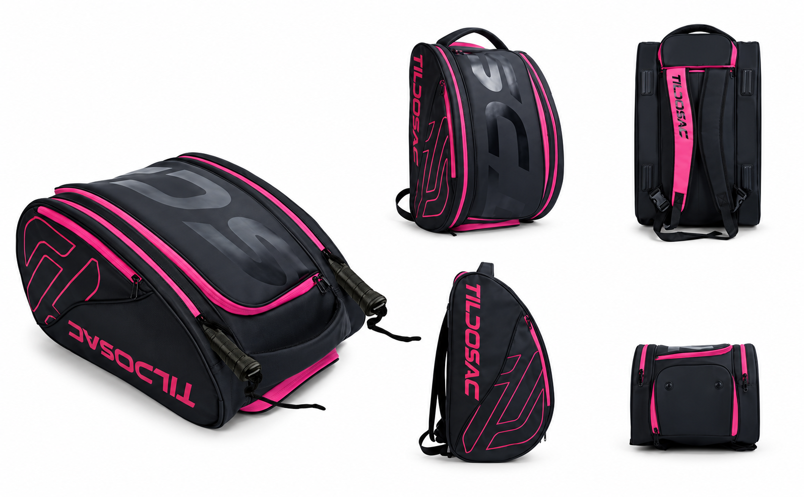 Standard rose-red backpack shown from five angles
