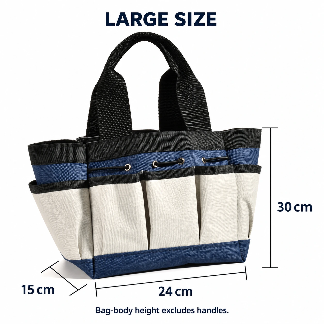 Large garden tote size guide: length 24 cm, depth 15 cm, bag-body height 30 cm, excluding handles