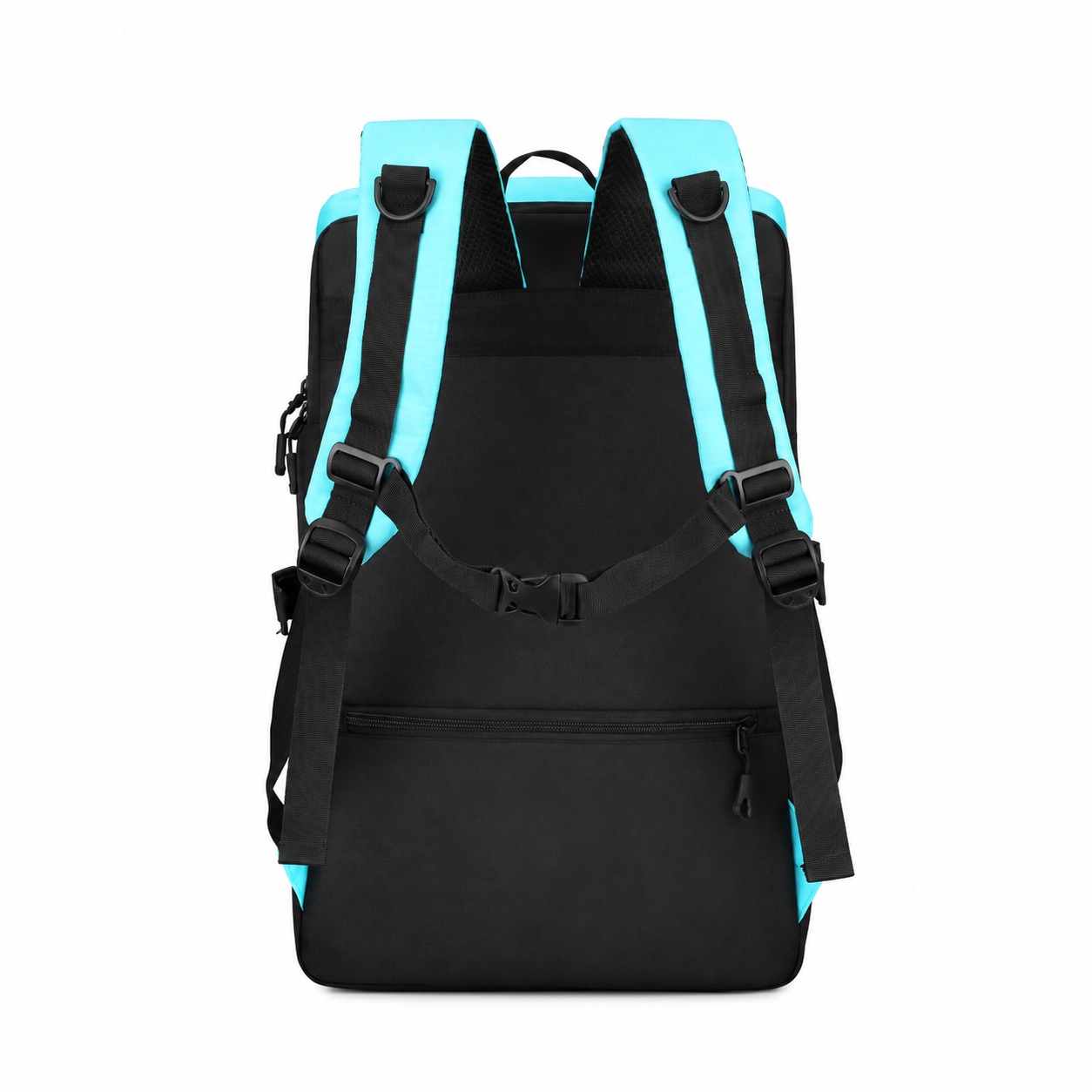 Blue sample — shoulder straps, chest buckle and rear pocket